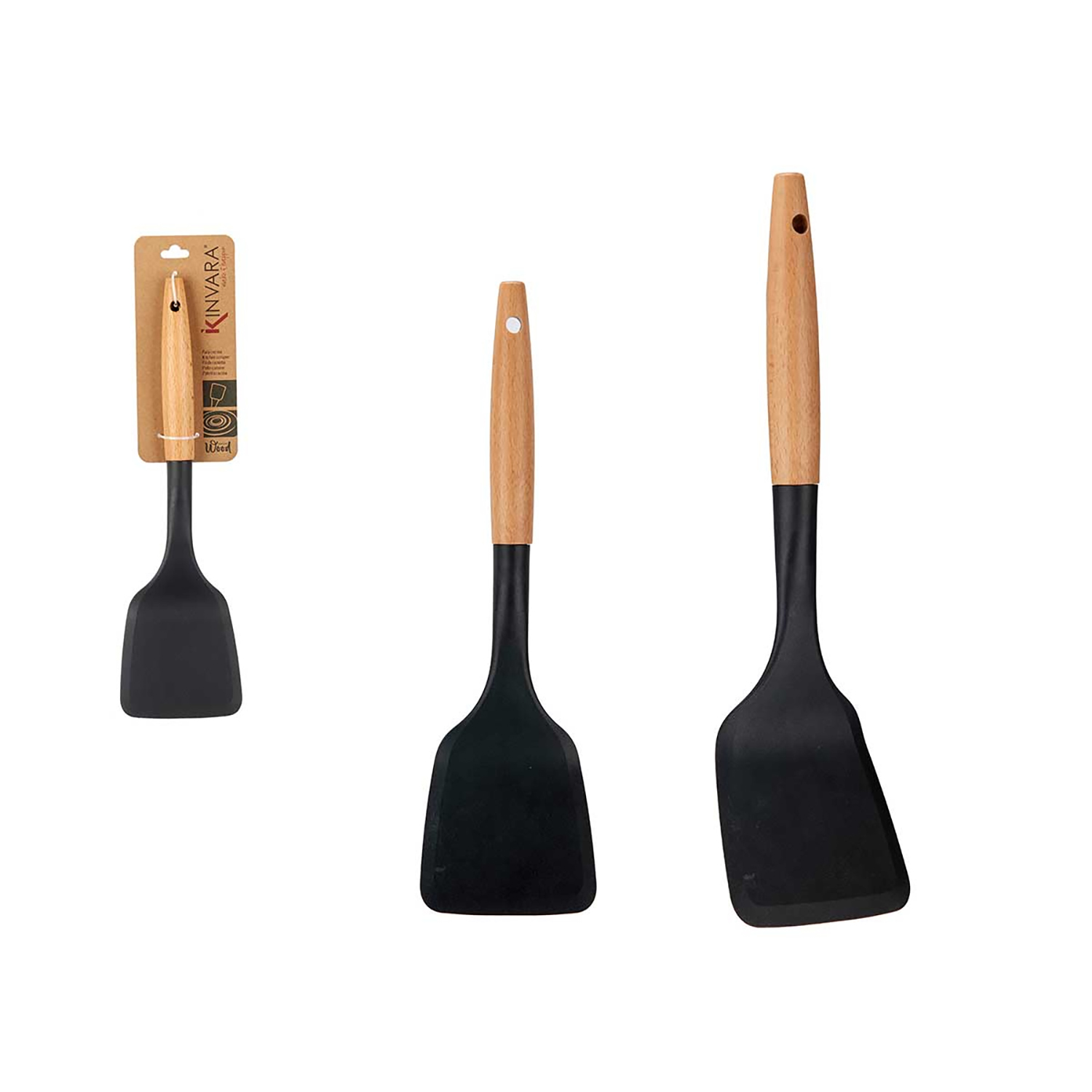 Tre spatole nere con manici in legno su sfondo bianco.
