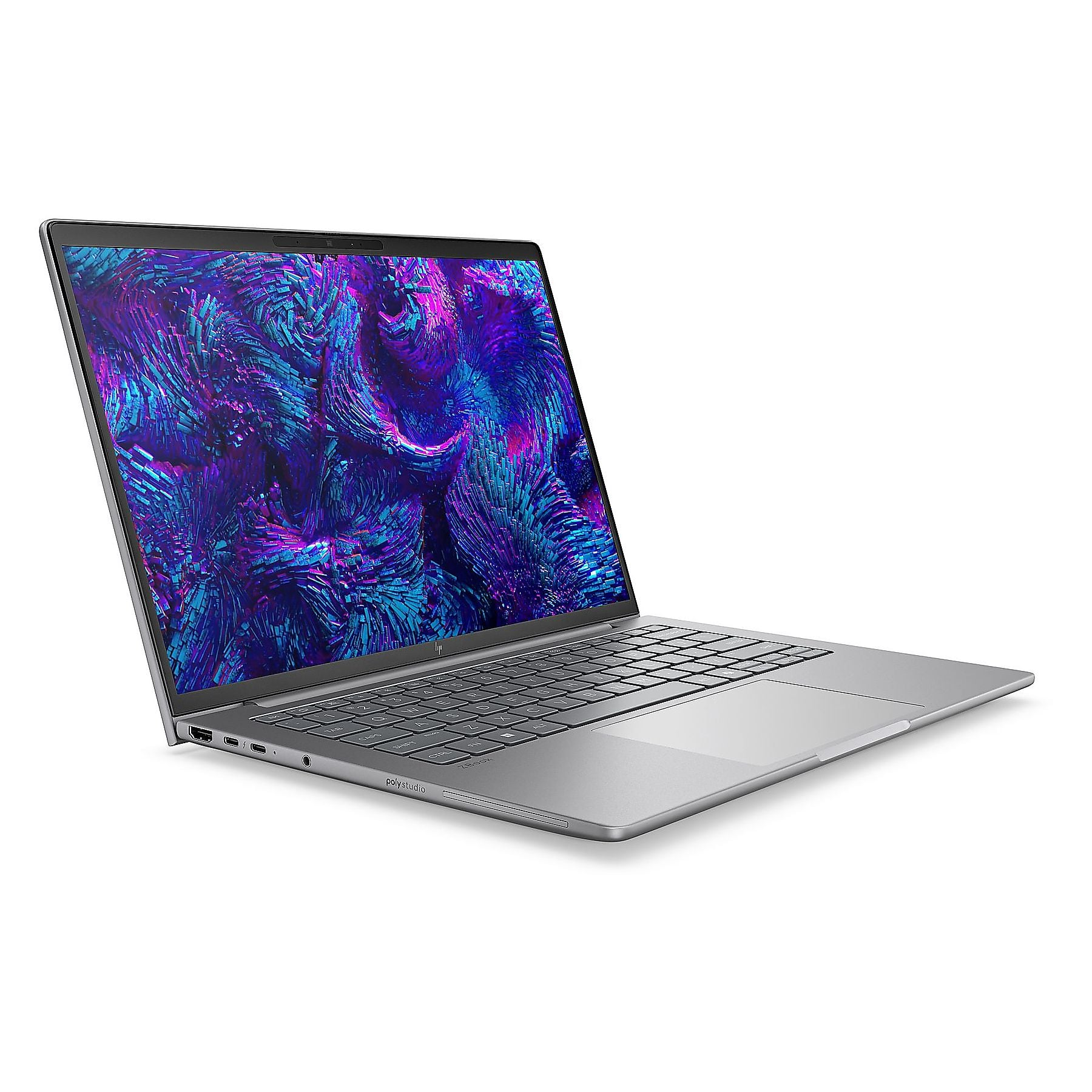 Un laptop argentato aperto che mostra uno sfondo astratto e vibrante.