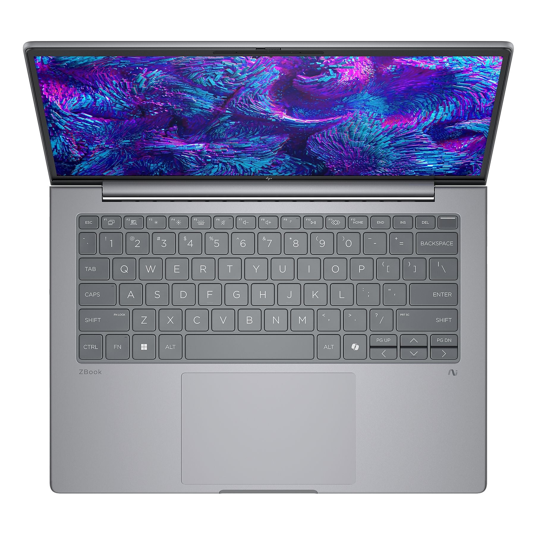 Laptop grigio con schermo aperto, che mostra un motivo astratto blu e viola.