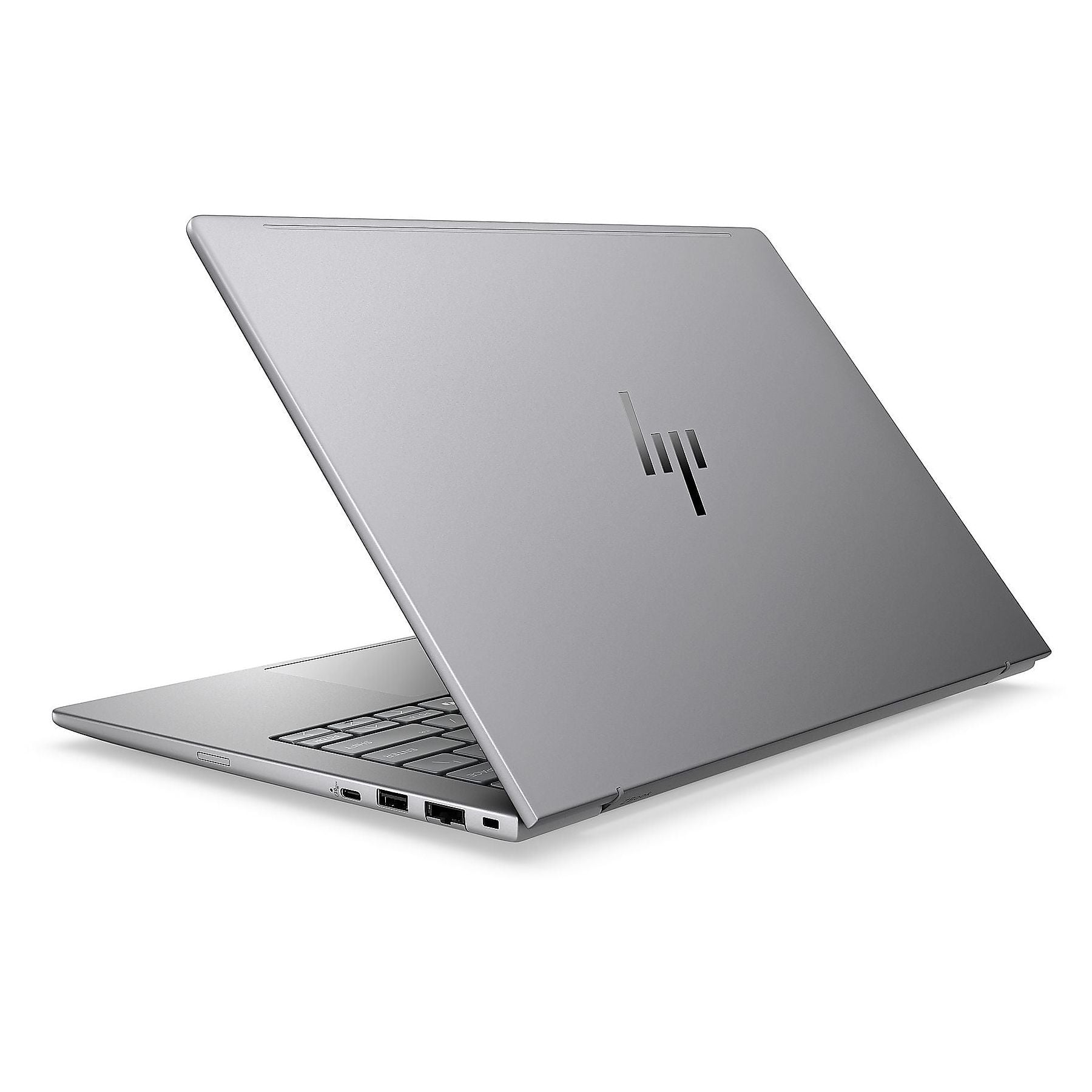 Un laptop argentato chiuso con logo HP sul coperchio, visto di lato.