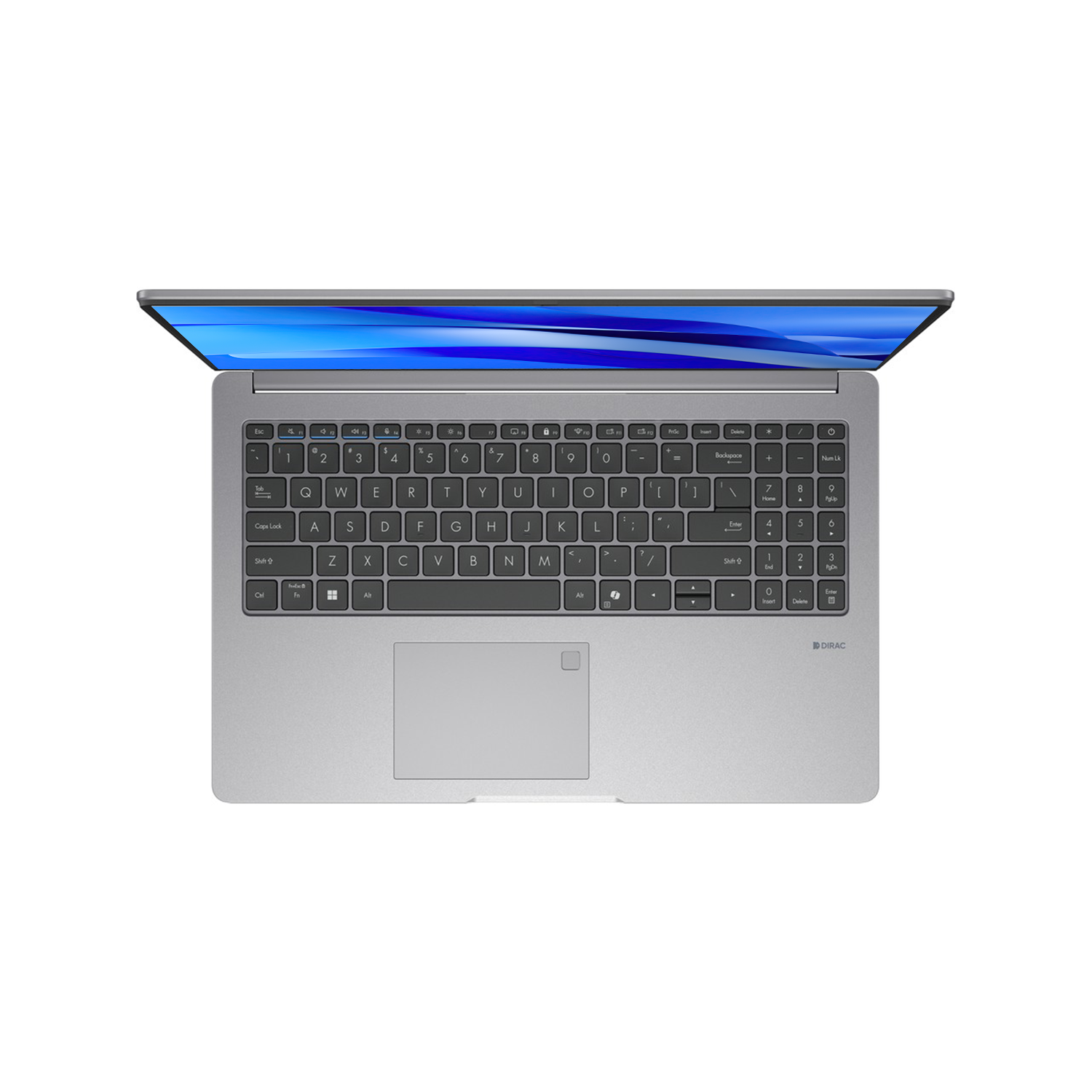 Gümüş rengi laptop açık kapak, klavye ve dokunmatik yüzey görünüyor.
