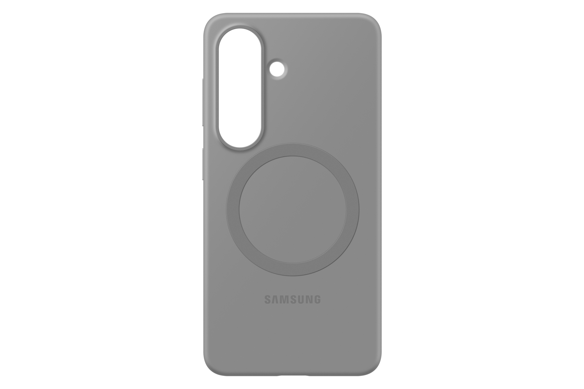Funda gris para teléfono Samsung con recorte de cámara y anillo magnético.