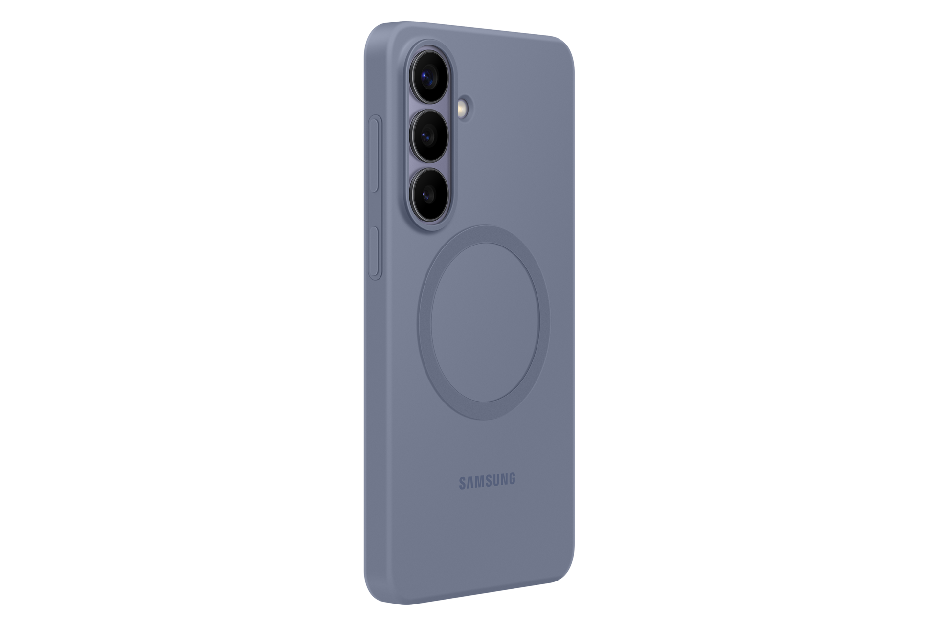 Una custodia Samsung lilla con rialzo per fotocamera e magnete circolare.