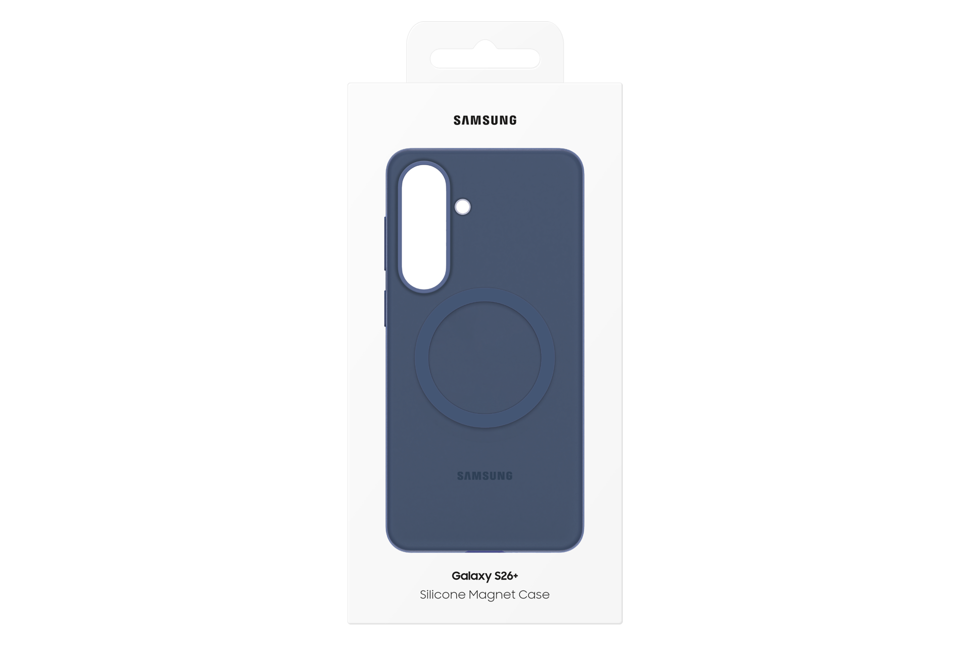 Custodia magnetica in silicone blu scuro Samsung Galaxy S26+ in confezione bianca.