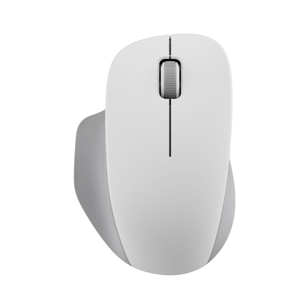Un mouse bianco con rotella grigia e lati argentati.