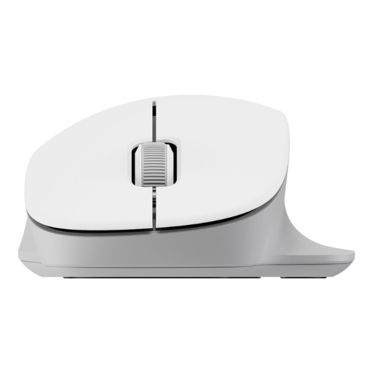 Un mouse bianco con base grigia e rotellina di scorrimento.
