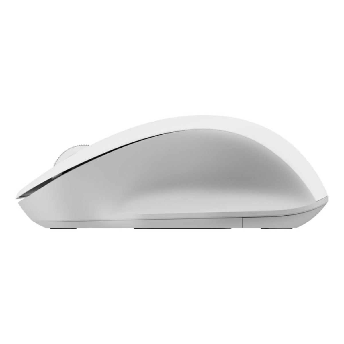 Un mouse del computer bianco visto di lato, isolato su sfondo bianco.