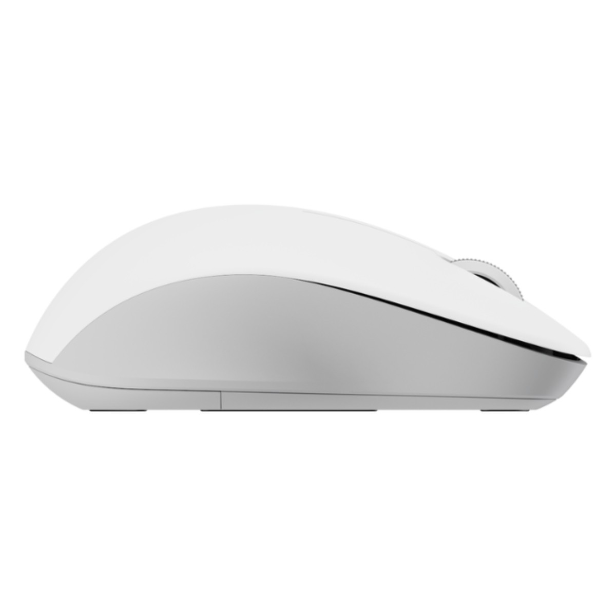 Un mouse bianco con base grigia, visto di lato.