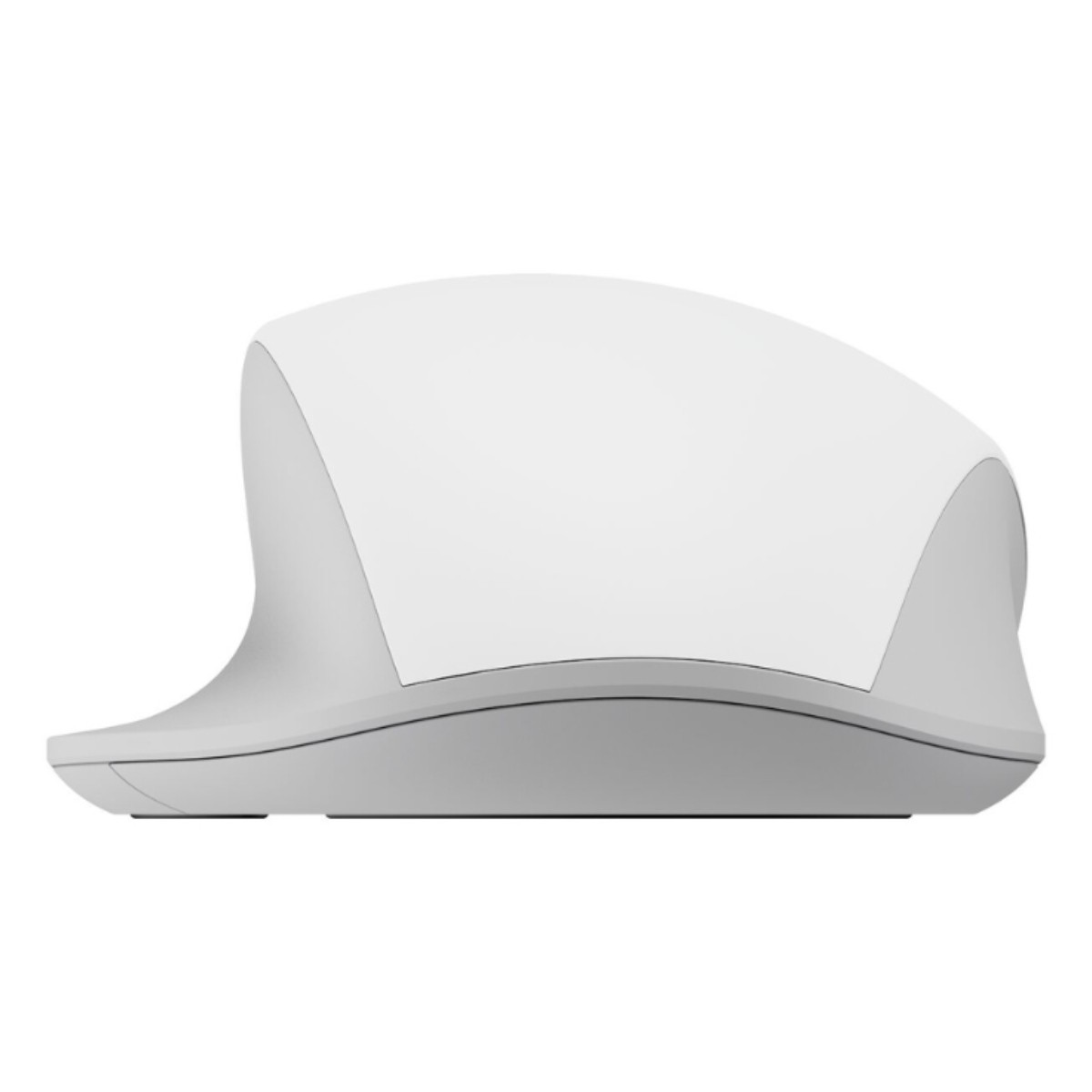 Un mouse per computer bianco e grigio dal design ergonomico.