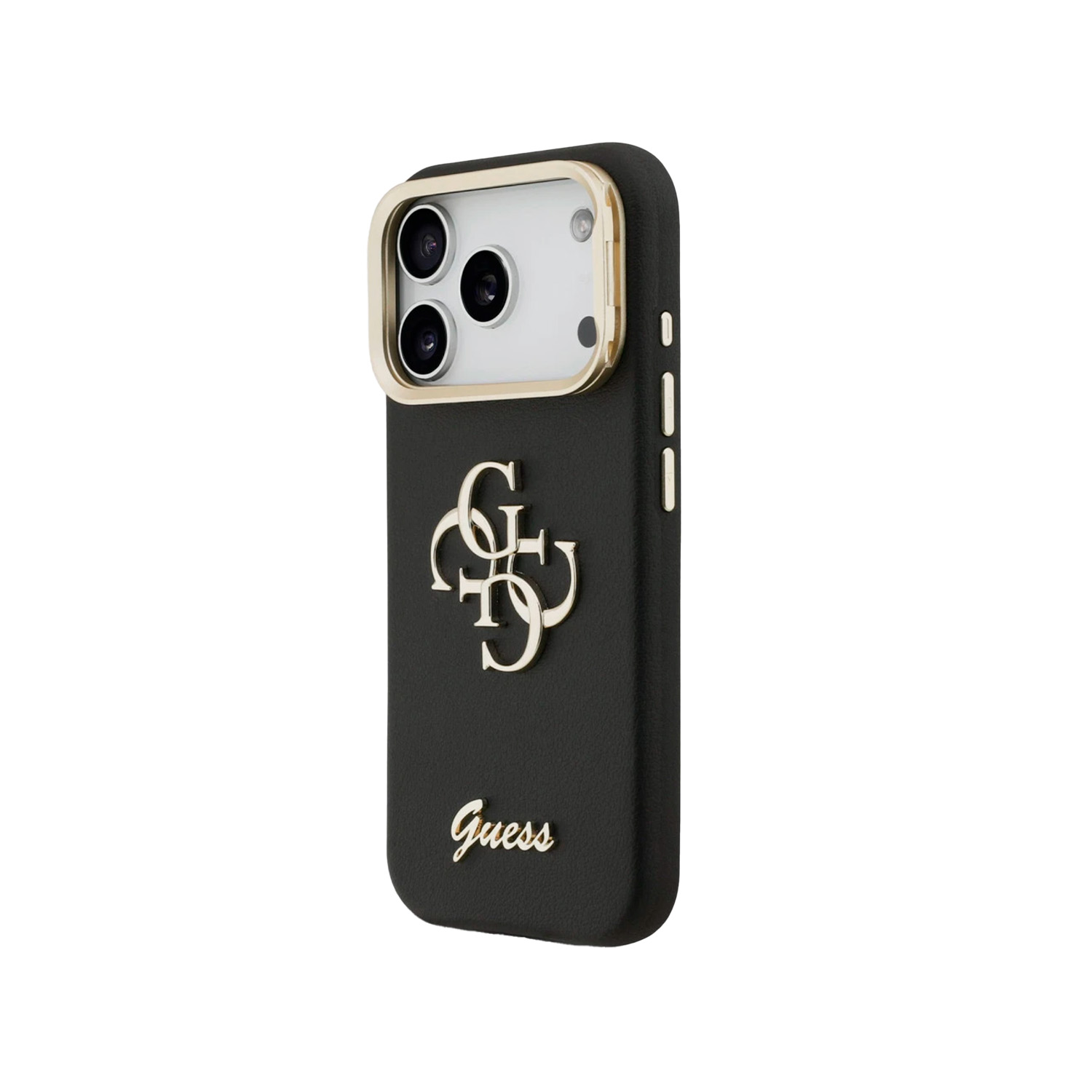 Funda negra para teléfono con logo Guess y borde dorado, sobre fondo blanco.
