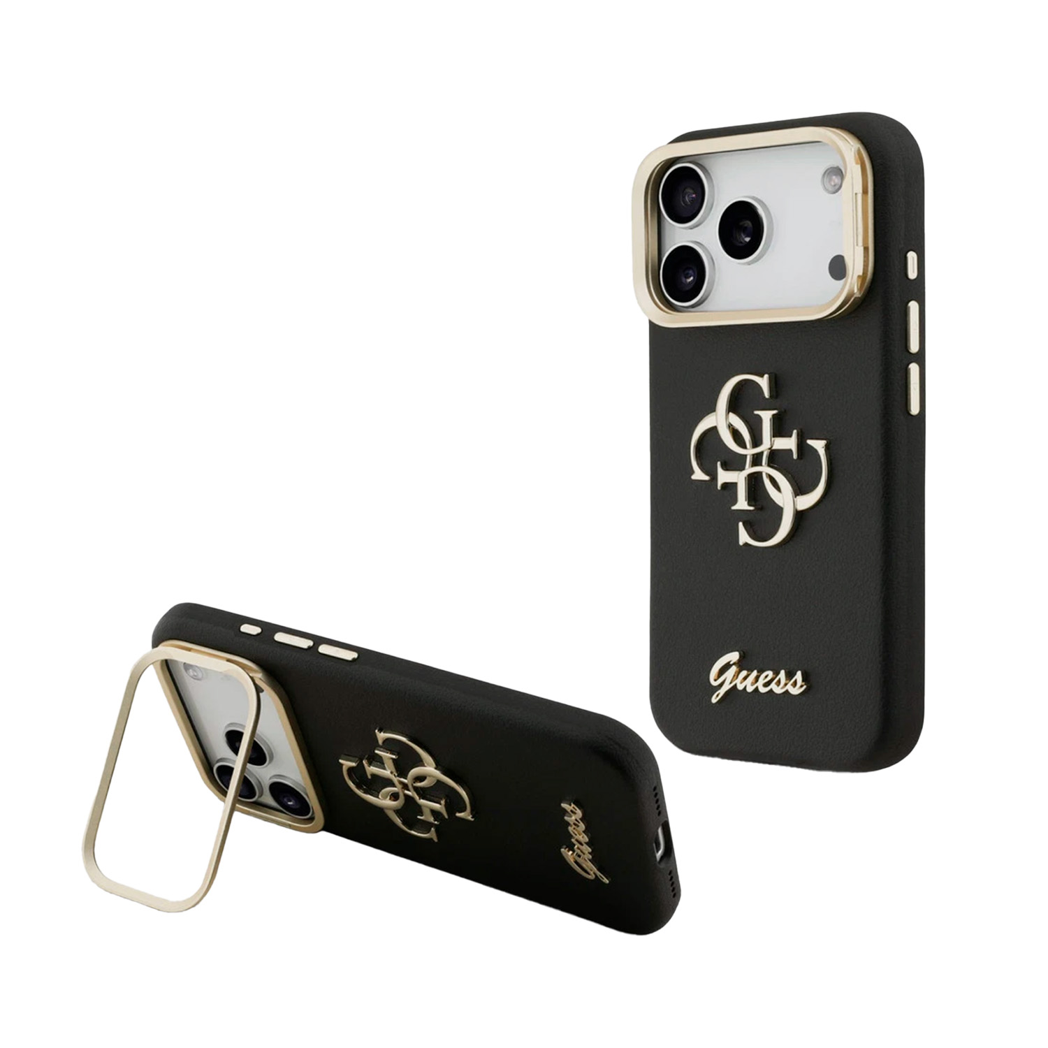 Funda negra para iPhone con logo Guess y soporte dorado.