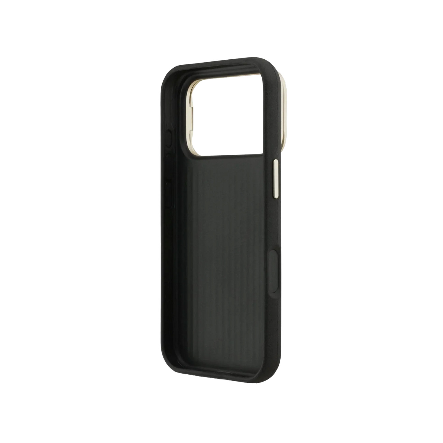 Funda negra para teléfono con interior texturizado y borde plateado alrededor del recorte de la cámara.