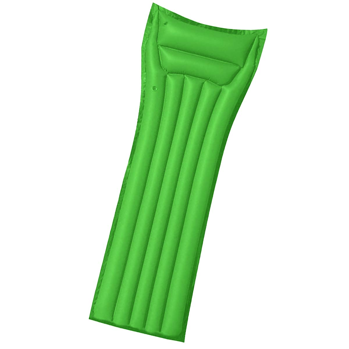 Materasso gonfiabile verde con motivo a coste e cuscino integrato.