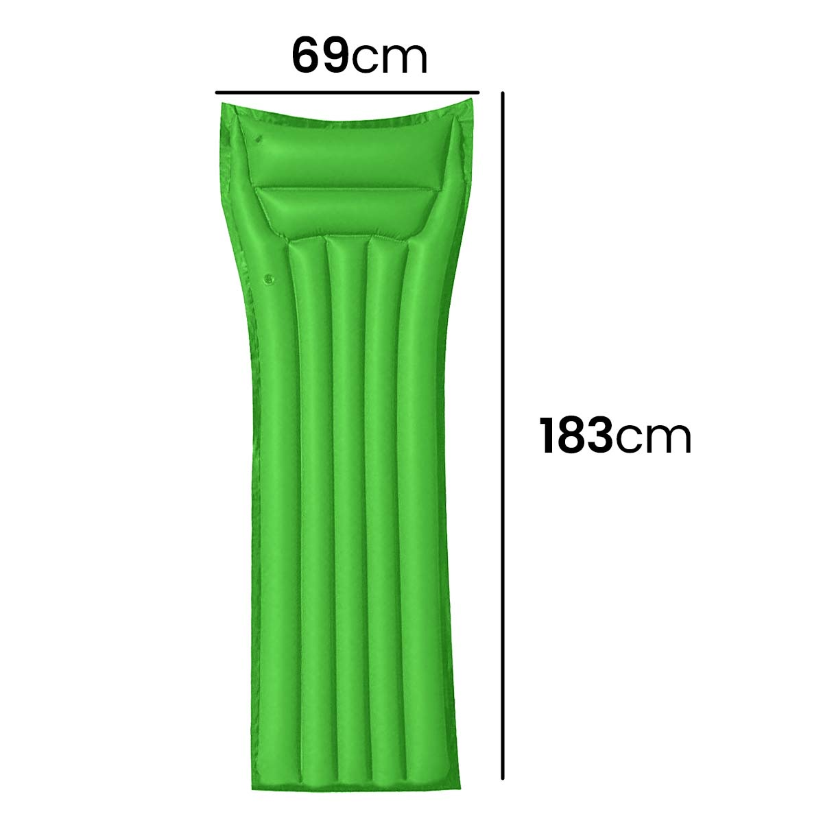 Materassino gonfiabile verde, 183cm lungo, 69cm largo.