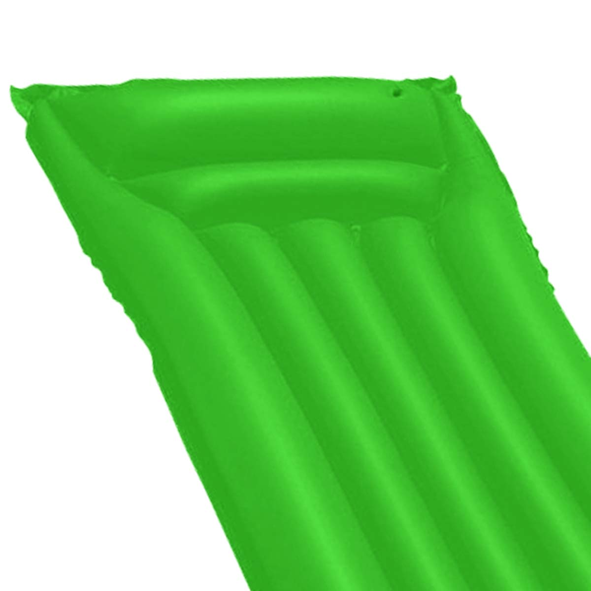 Un materasso gonfiabile verde brillante con coste, su sfondo bianco.