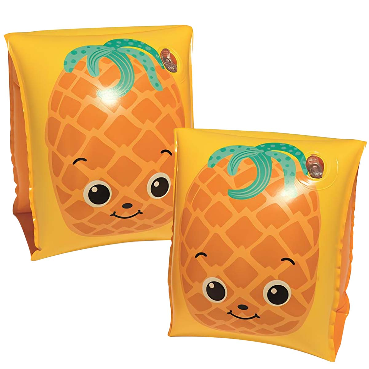 Due braccioli gialli con facce di ananas e foglie verdi.