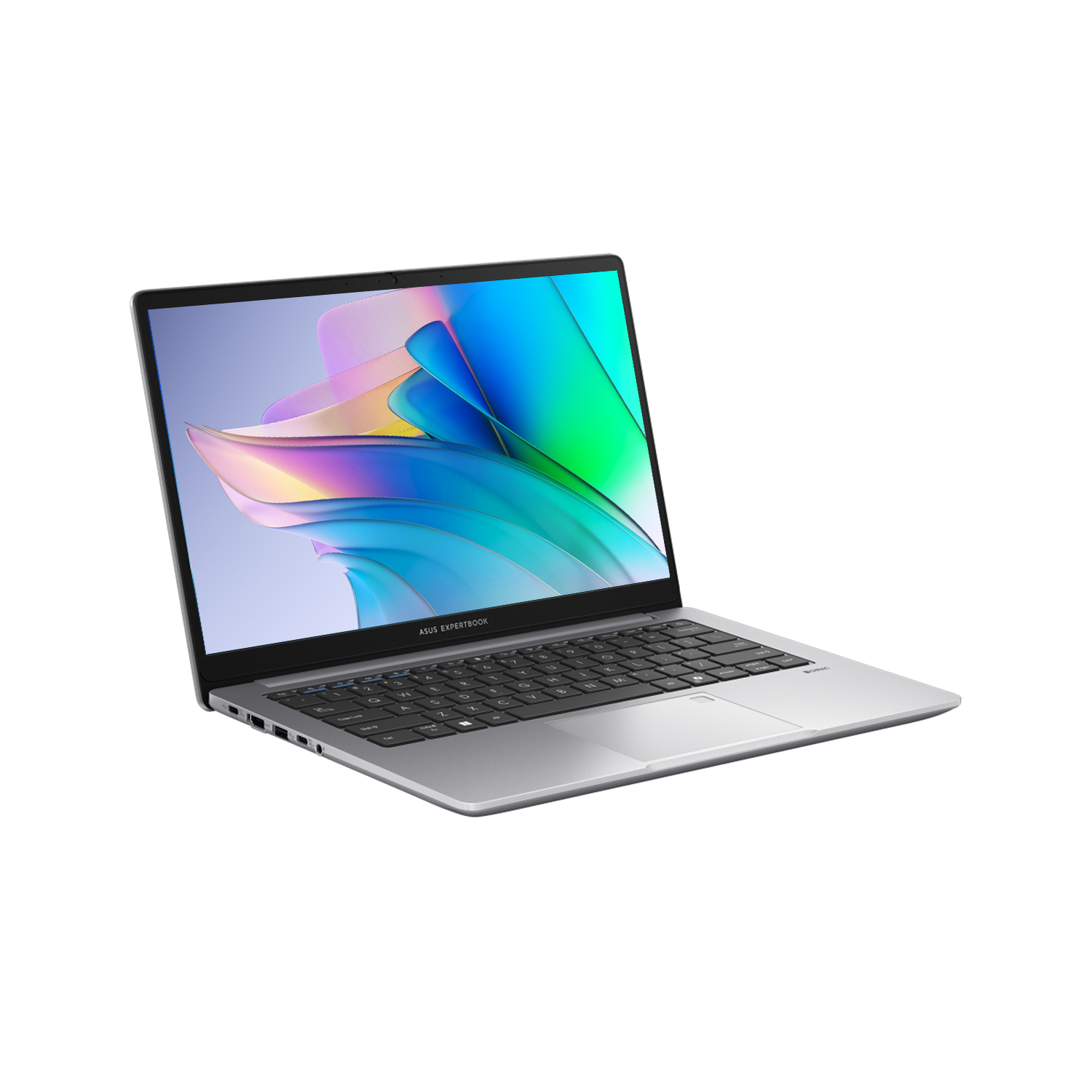 Gümüş renkli bir Asus ExpertBook dizüstü bilgisayar açık, ekranında renkli soyut bir duvar kağıdı görünüyor.