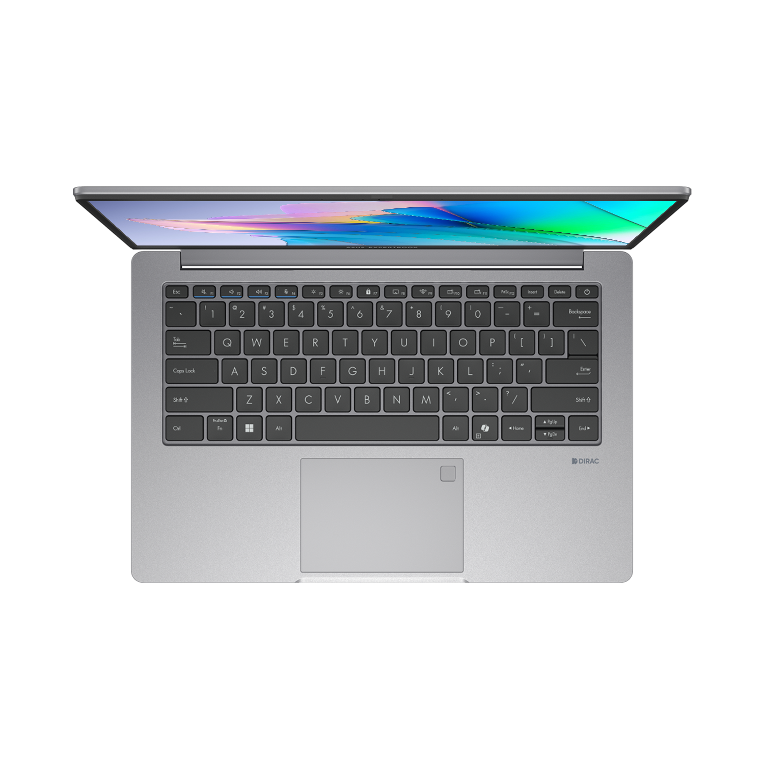 Gümüş rengi bir laptop açık, klavyesi ve renkli ekranı görünüyor.