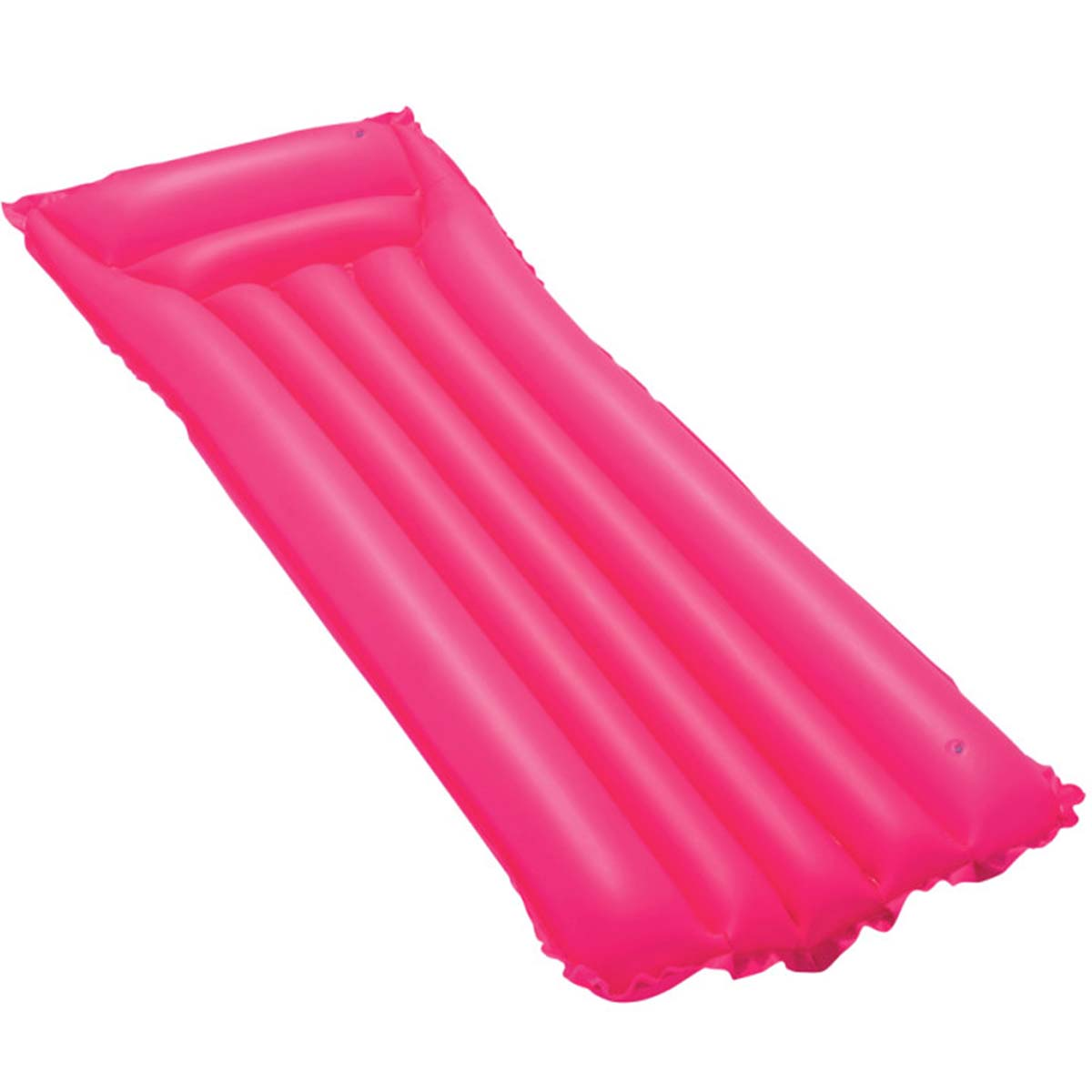 Un materassino gonfiabile rosa acceso con cinque camere longitudinali e un cuscino.