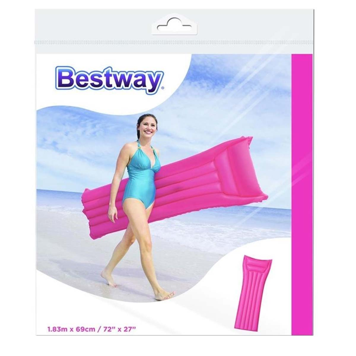 Donna in costume blu tiene materassino rosa su spiaggia con logo Bestway.