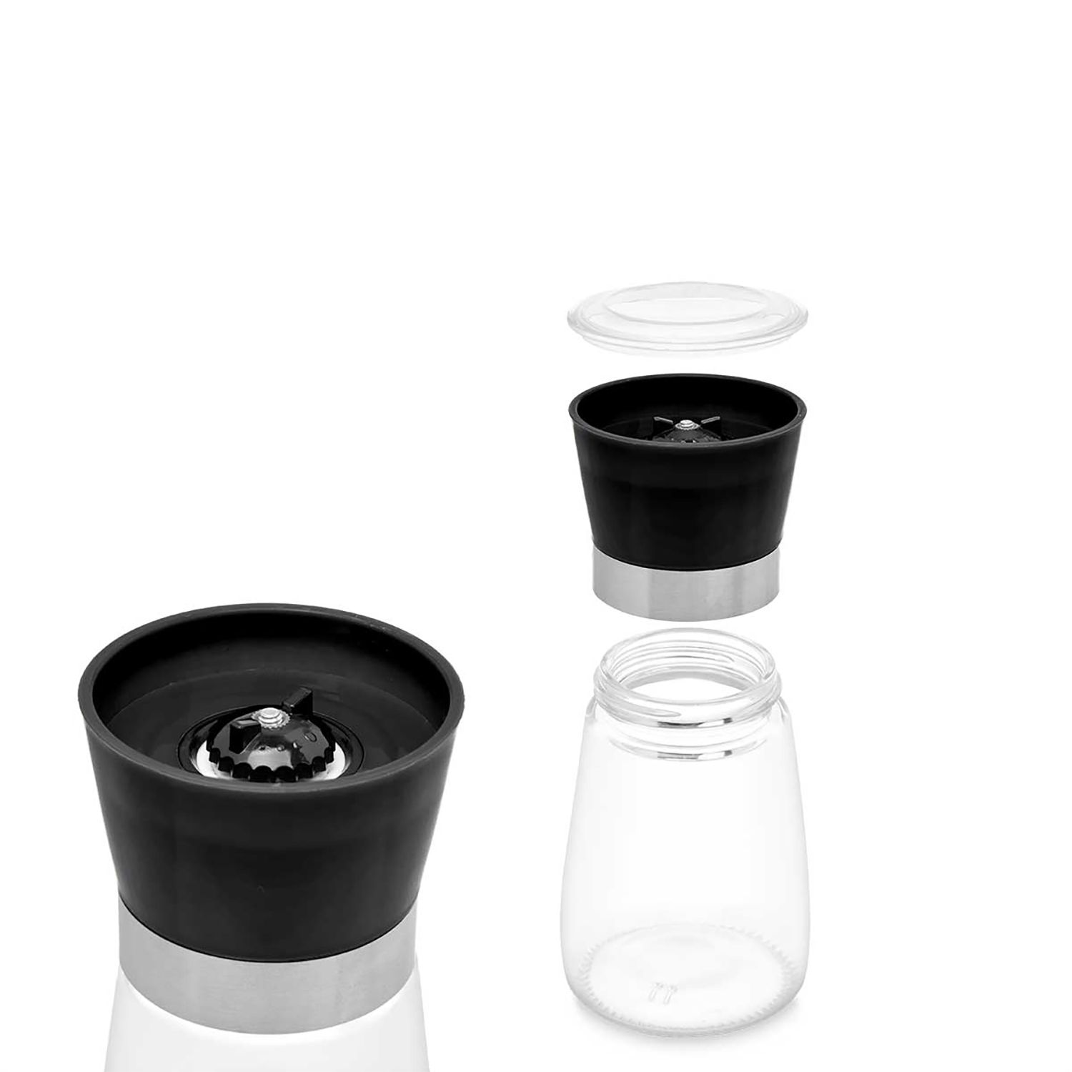 Macina spezie smontato: barattolo vetro, macina nero con anello metallo, coperchio trasparente.