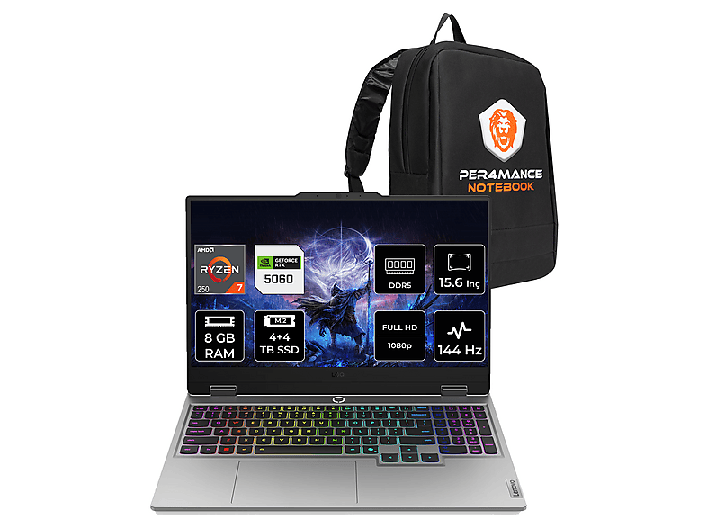 LENOVO LOQ RTX5060 8GB FHD 83JG006ETRP306 AMD Ryzen 7 250 8 GB RAM 4 TB SSD 15,6 inç FreeDOS Laptop+Çanta Gri