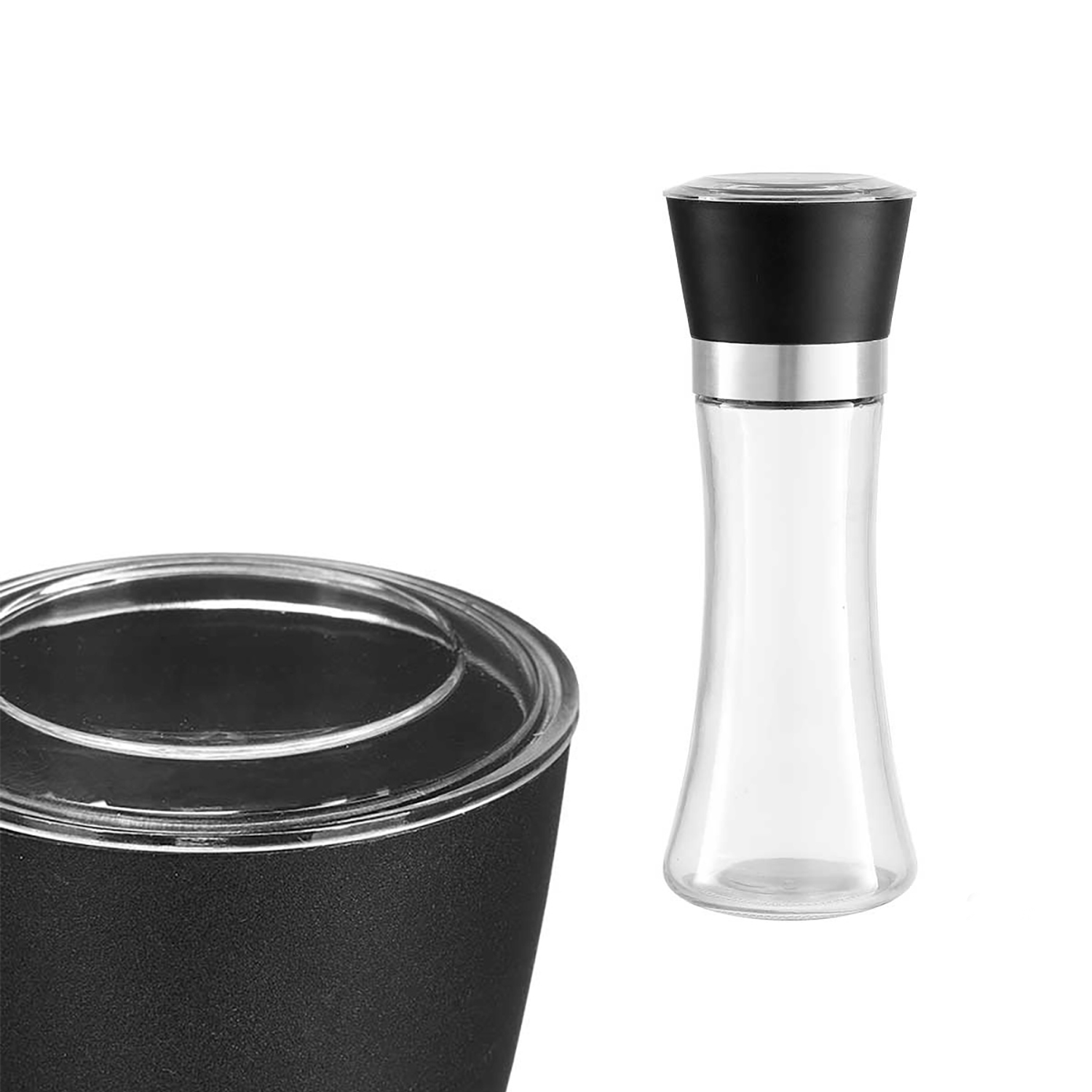Un contenitore nero con coperchio e un macina-spezie in vetro nero.