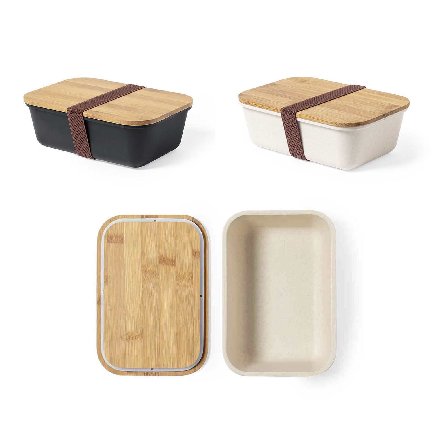 Dos fiambreras: una negra, una beige. Ambas con tapa de bambú sujeta con correas marrones.