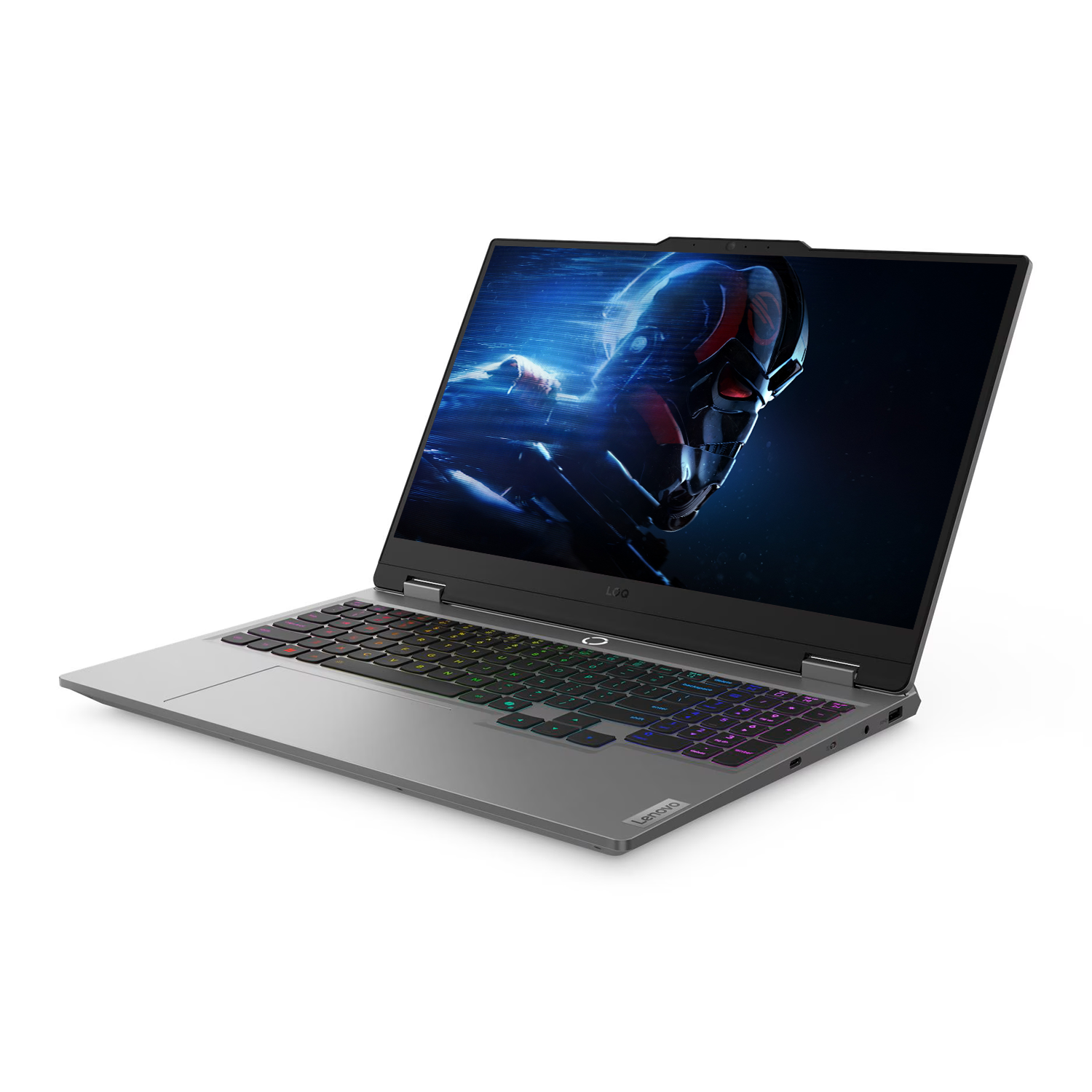 Renkli klavyeli gri Lenovo dizüstü bilgisayar, ekranda fütüristik kask.