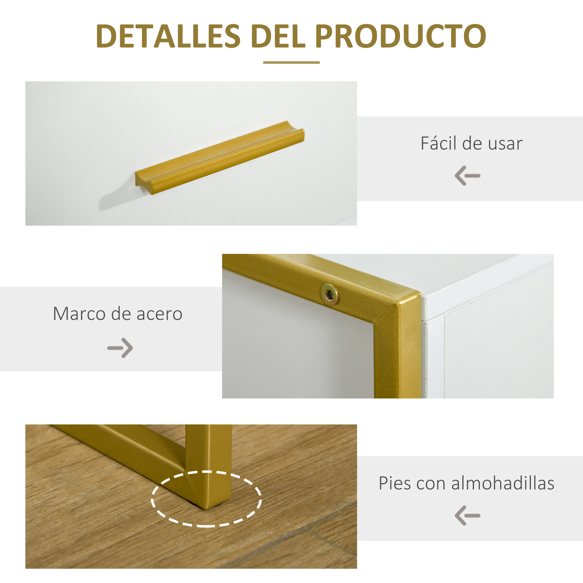 Tiradores metálicos dorados y superficies blancas con acentos dorados.