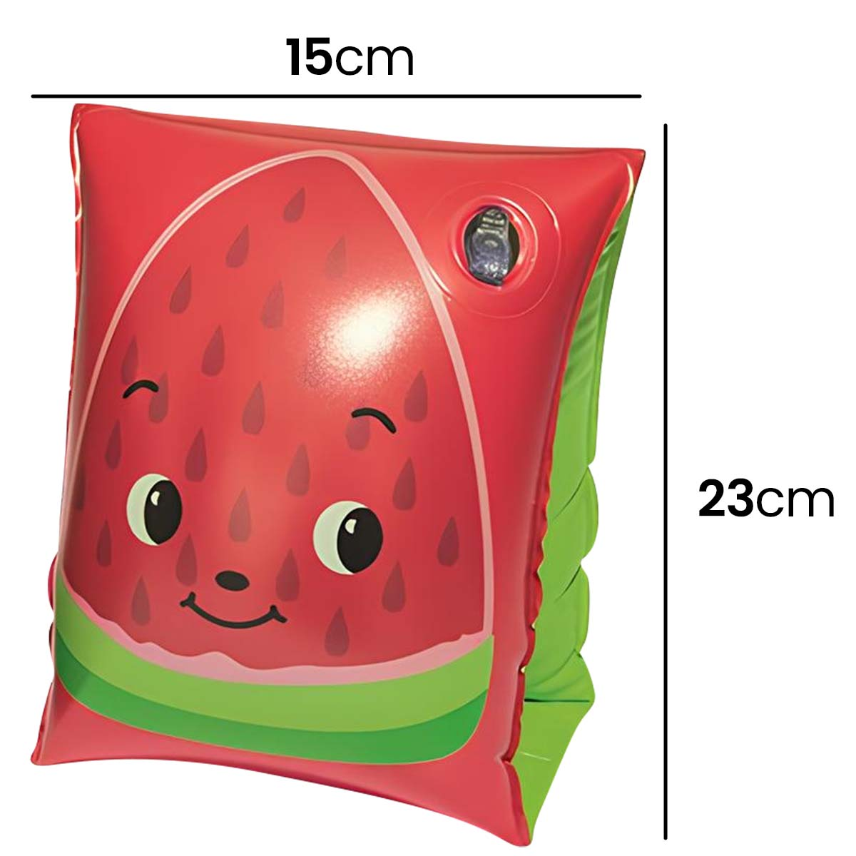 Un bracciolo gonfiabile rosso a forma di anguria con una faccia.