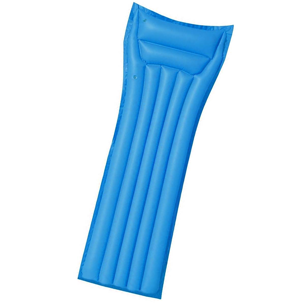 Un materassino gonfiabile blu con camere d'aria giace su sfondo bianco.