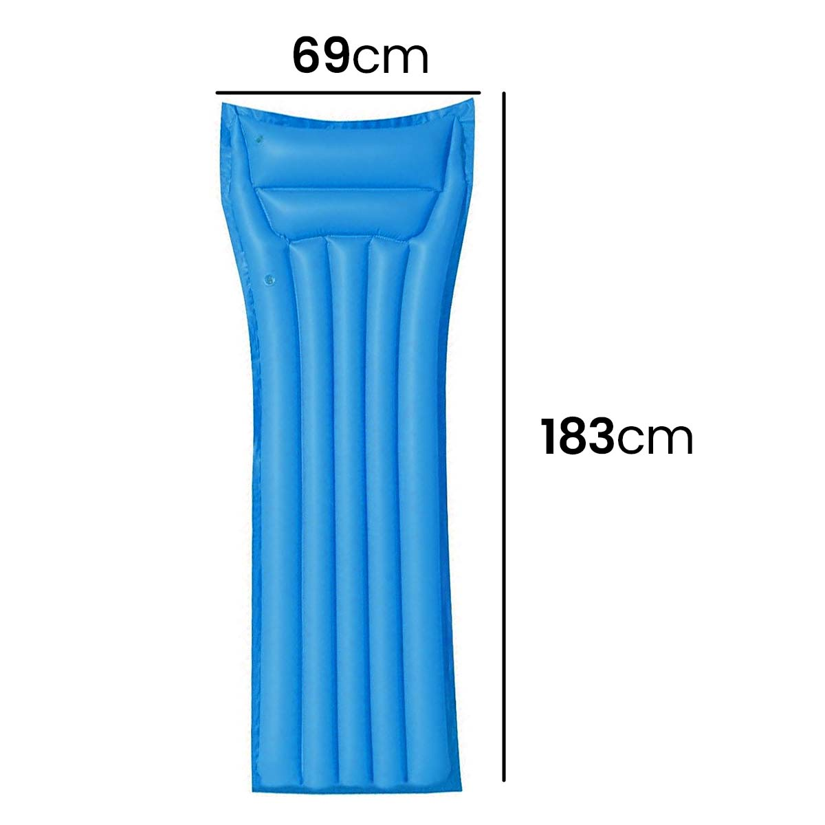 Materassino gonfiabile blu, lungo 183 cm e largo 69 cm.