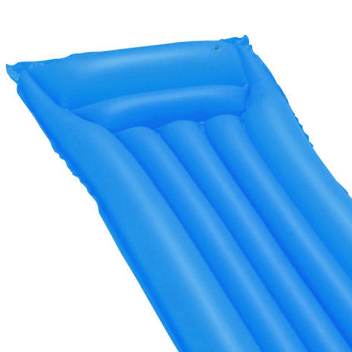 Un materassino gonfiabile blu con molte camere su sfondo bianco.