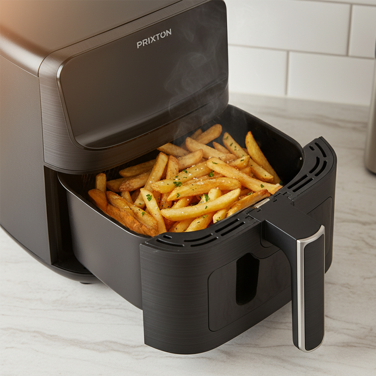 Een zwarte Prixton airfryer gevuld met goudbruine frietjes, met opstijgende stoom.