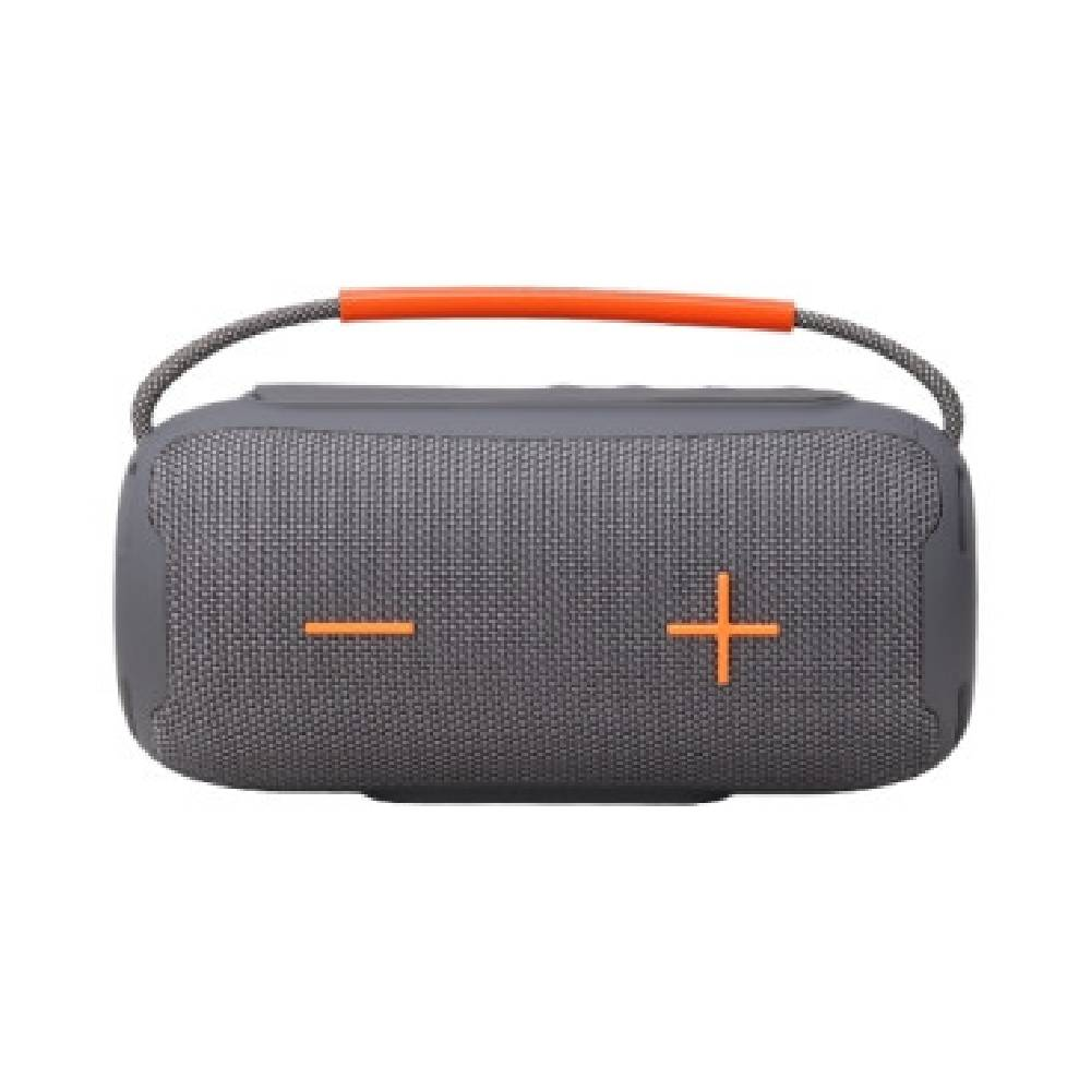 Turuncu saplı ve kumandalı gri Bluetooth hoparlör.
