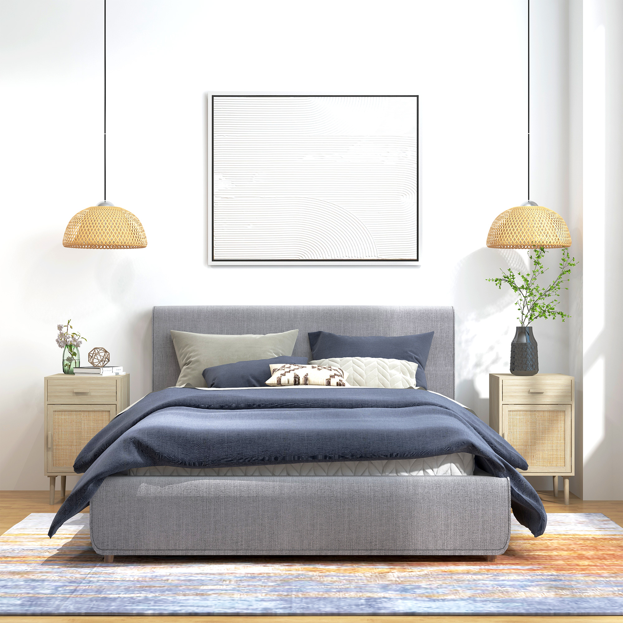 Un dormitorio con cama gris, ropa de cama azul, mesitas de noche y arte en la pared.