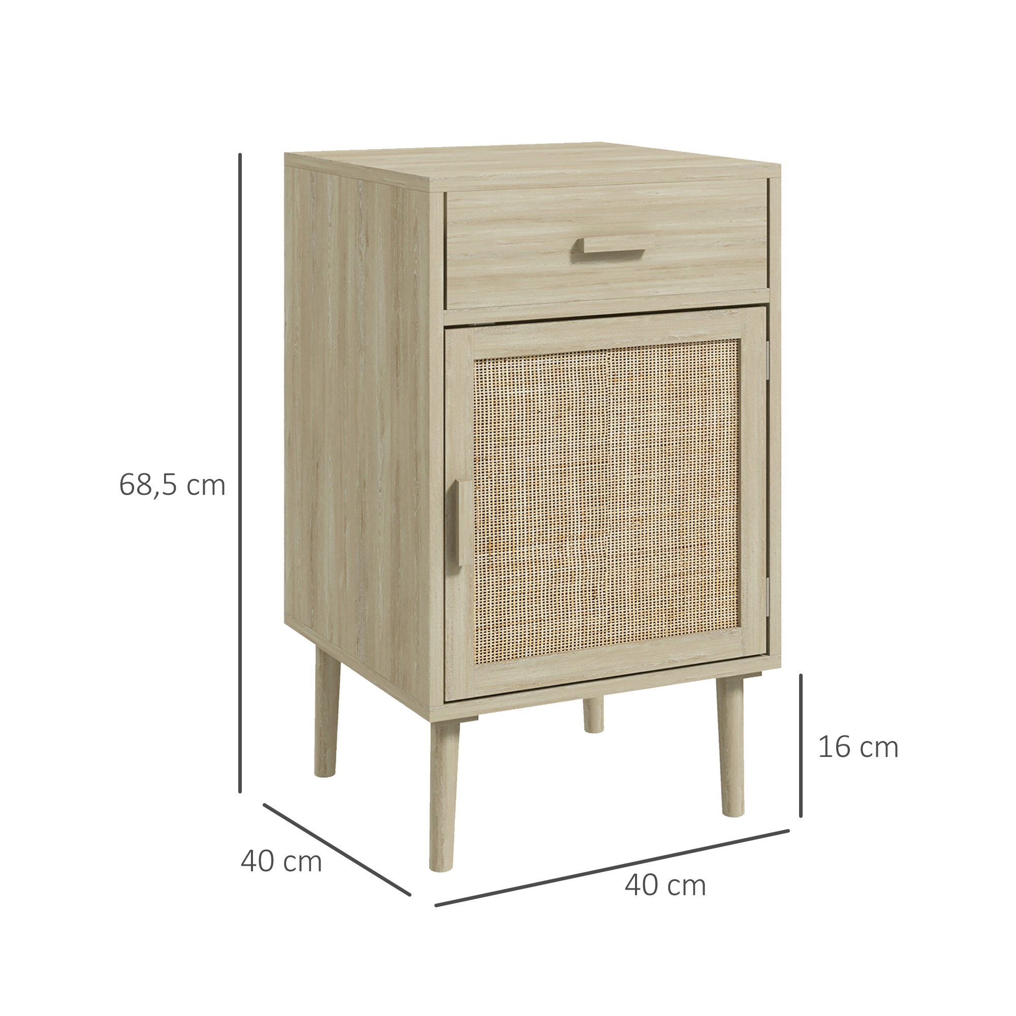 Mesita de noche de madera con un cajón y un compartimento con puerta de ratán, Al: 68,5 cm.