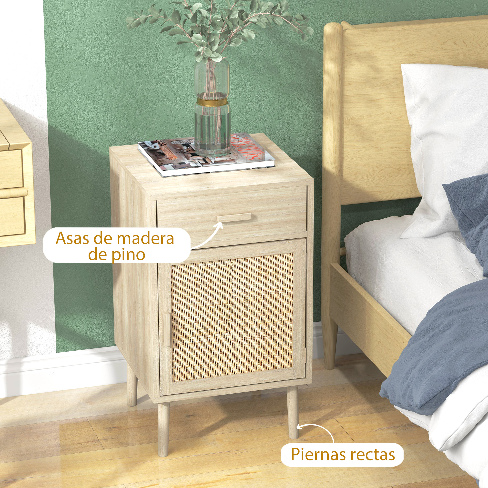 Mesita de noche de madera con cajón y puerta de ratán junto a una cama.