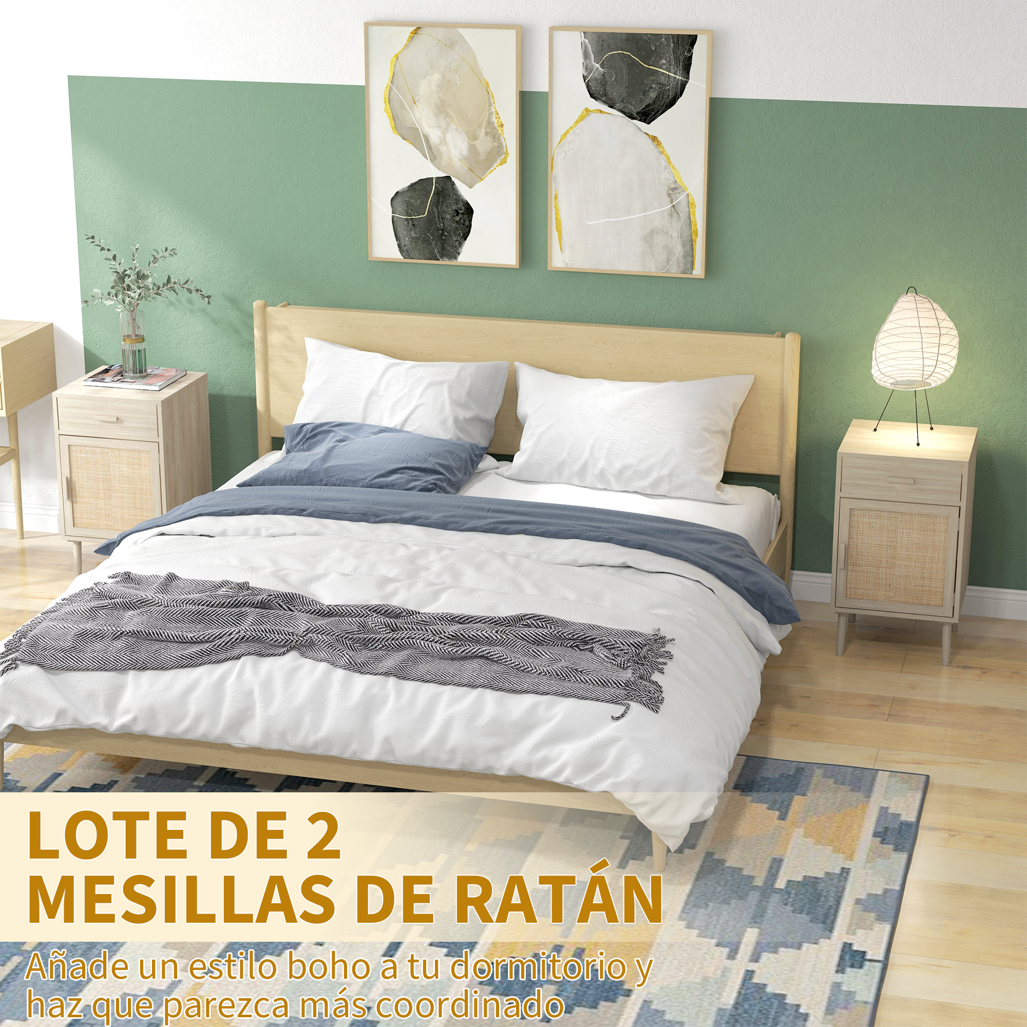 Un dormitorio con cama de madera, pared verde y dos mesitas de noche.