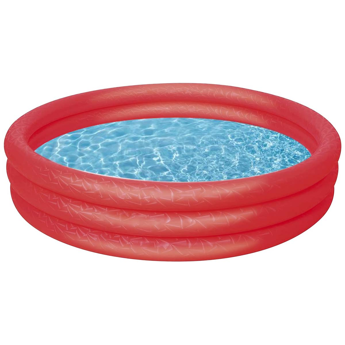 Una piscina gonfiabile rossa piena d'acqua blu.
