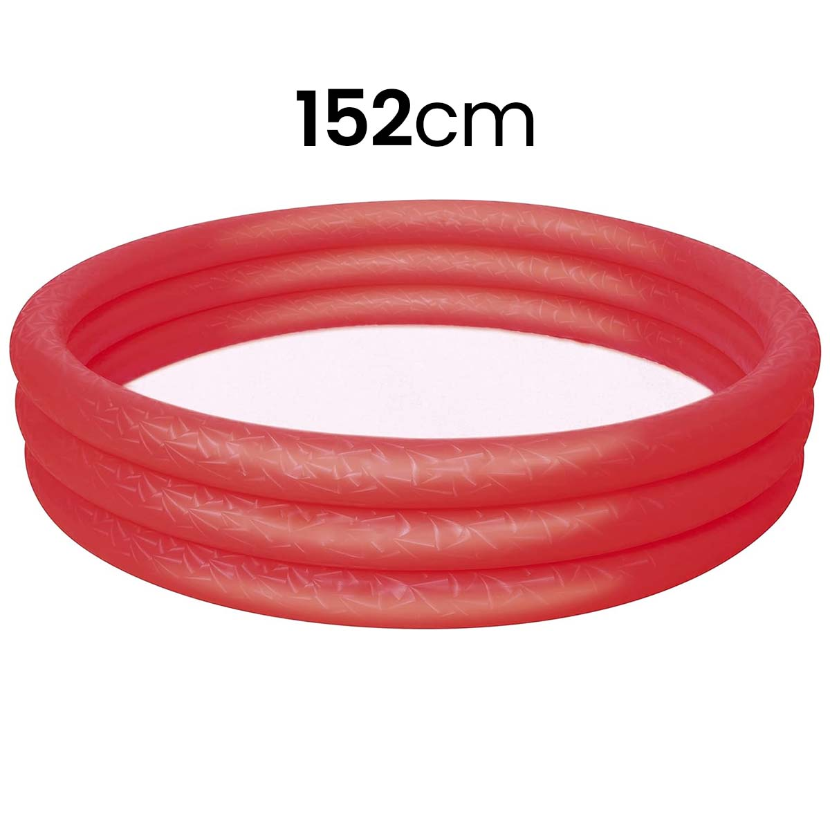 Una piscina gonfiabile rossa, diametro 152 cm, con tre anelli gonfiati.