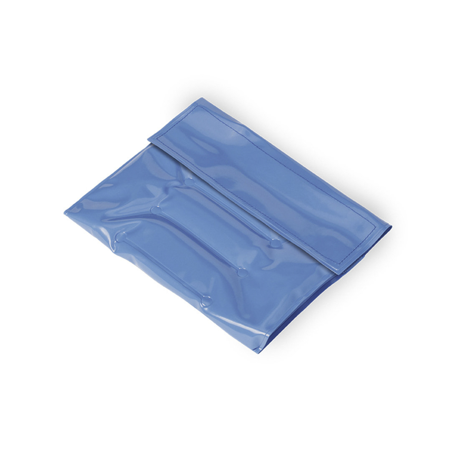 Una busta blu lucida con patta, su sfondo bianco.