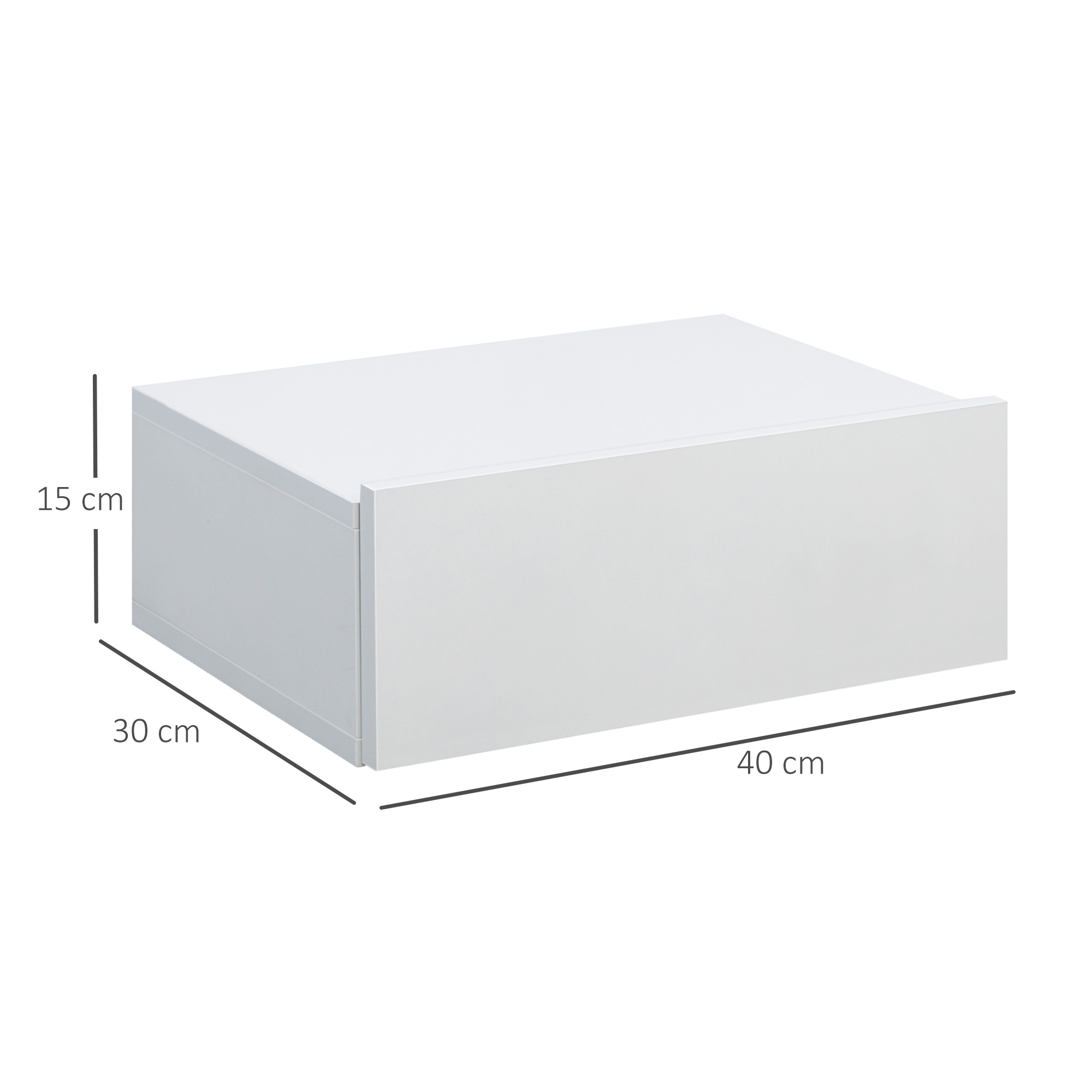 Cajón blanco, 40x30x15 cm, con rebaje para tirador y medidas.