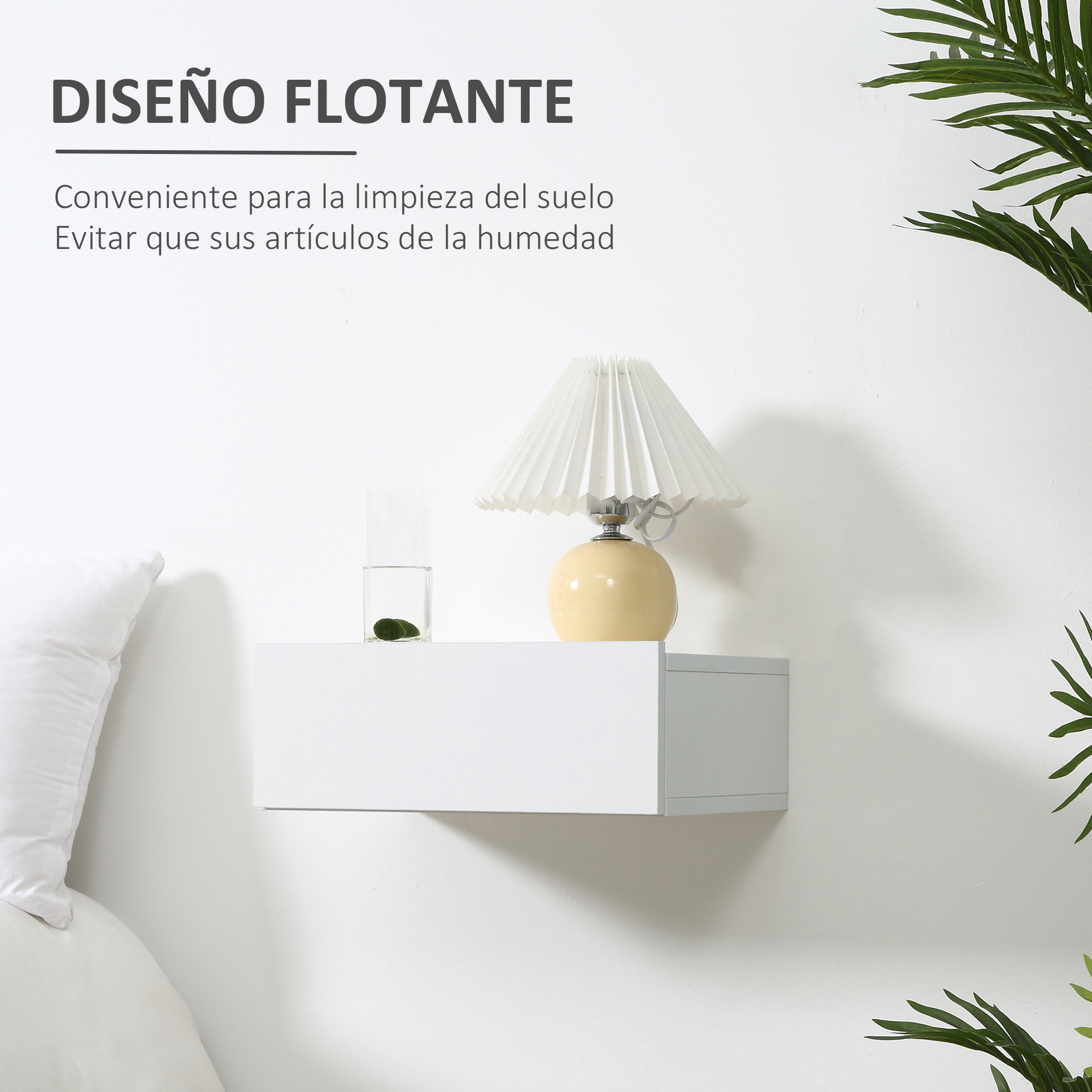Un estante flotante blanco con lámpara y vaso.
