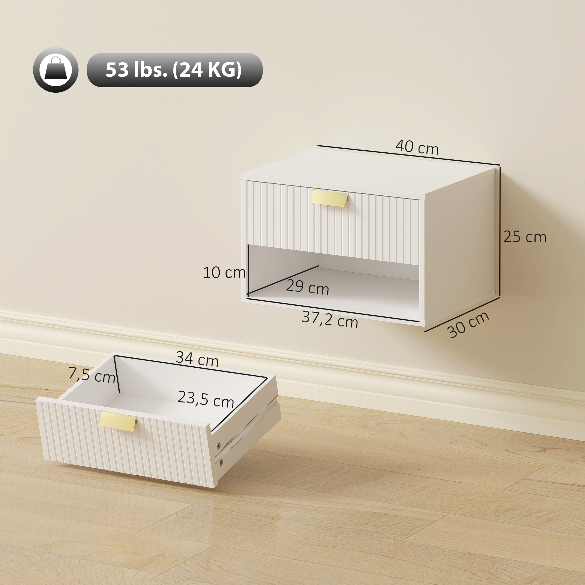 Gabinete blanco de pared con tirador dorado, cajón abierto debajo. Dimensiones mostradas.
