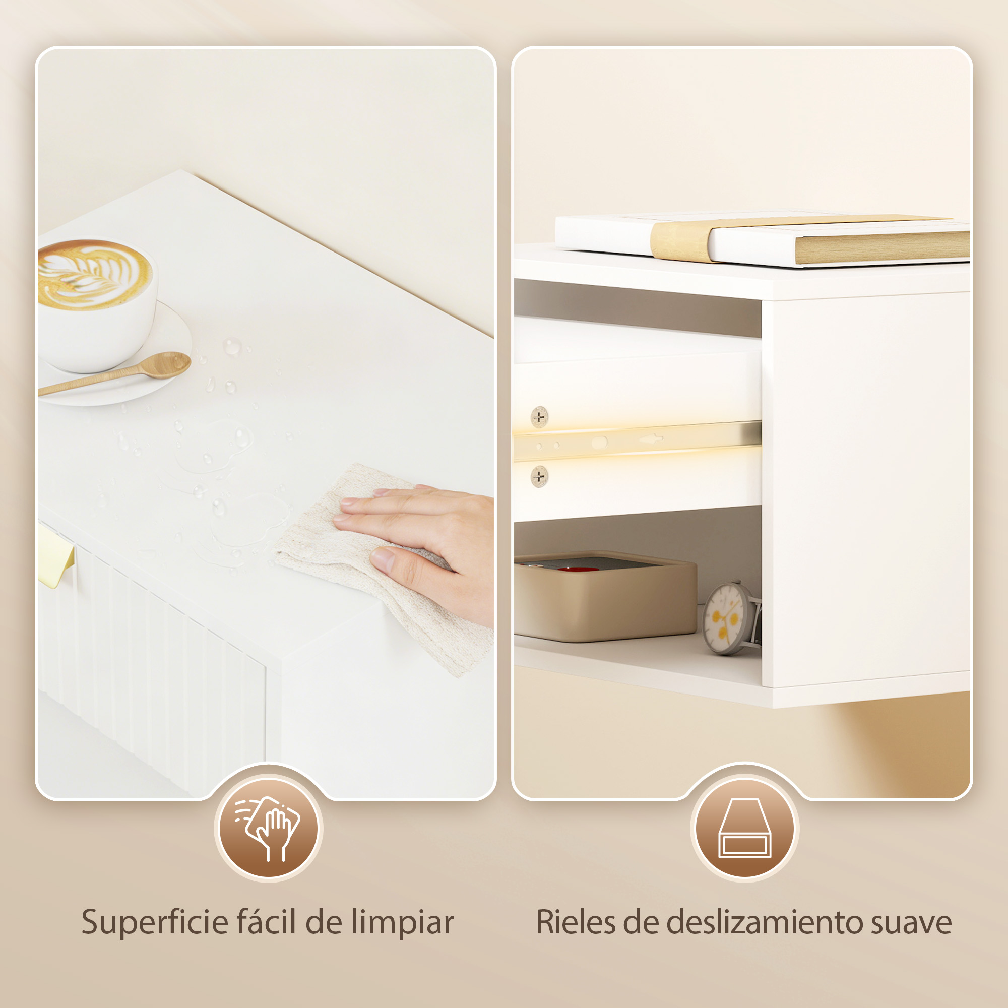 Una superficie blanca siendo limpiada; al lado, un estante con libros y reloj.