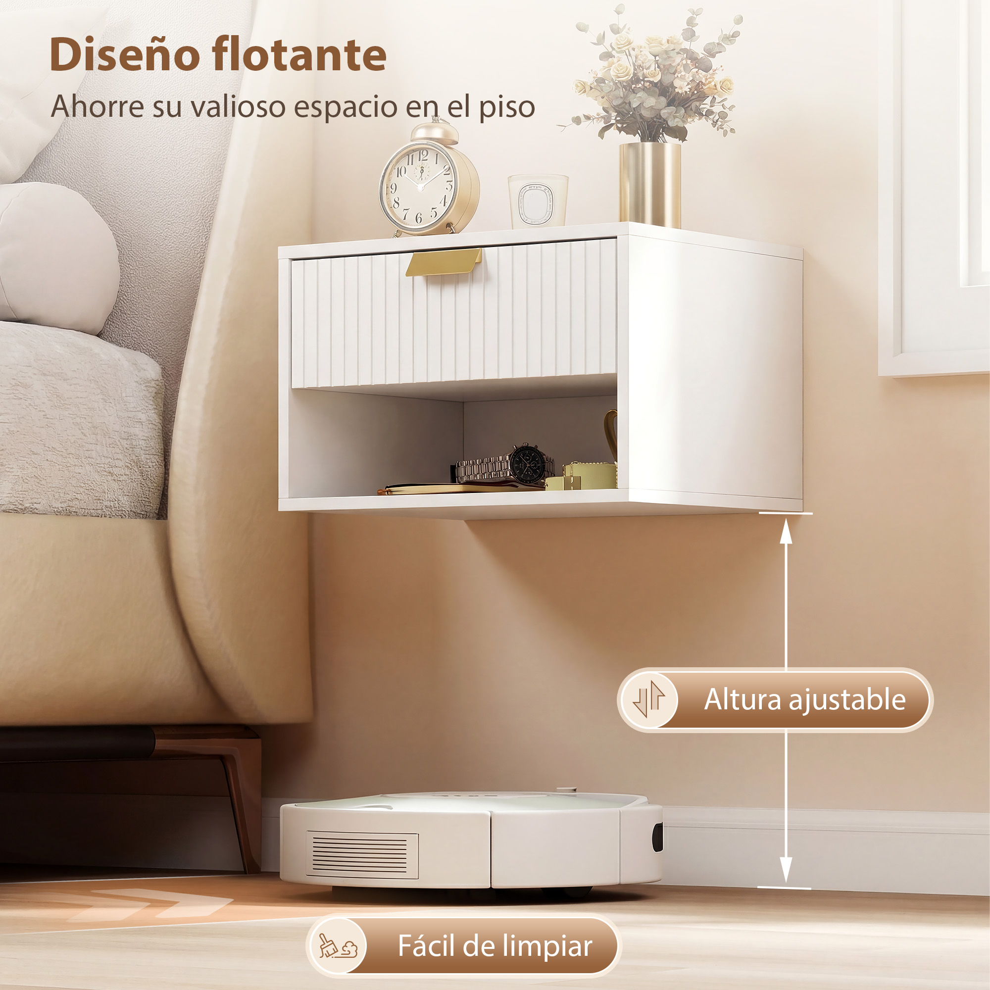 Una mesita de noche flotante sobre un robot aspirador, con reloj y flores.
