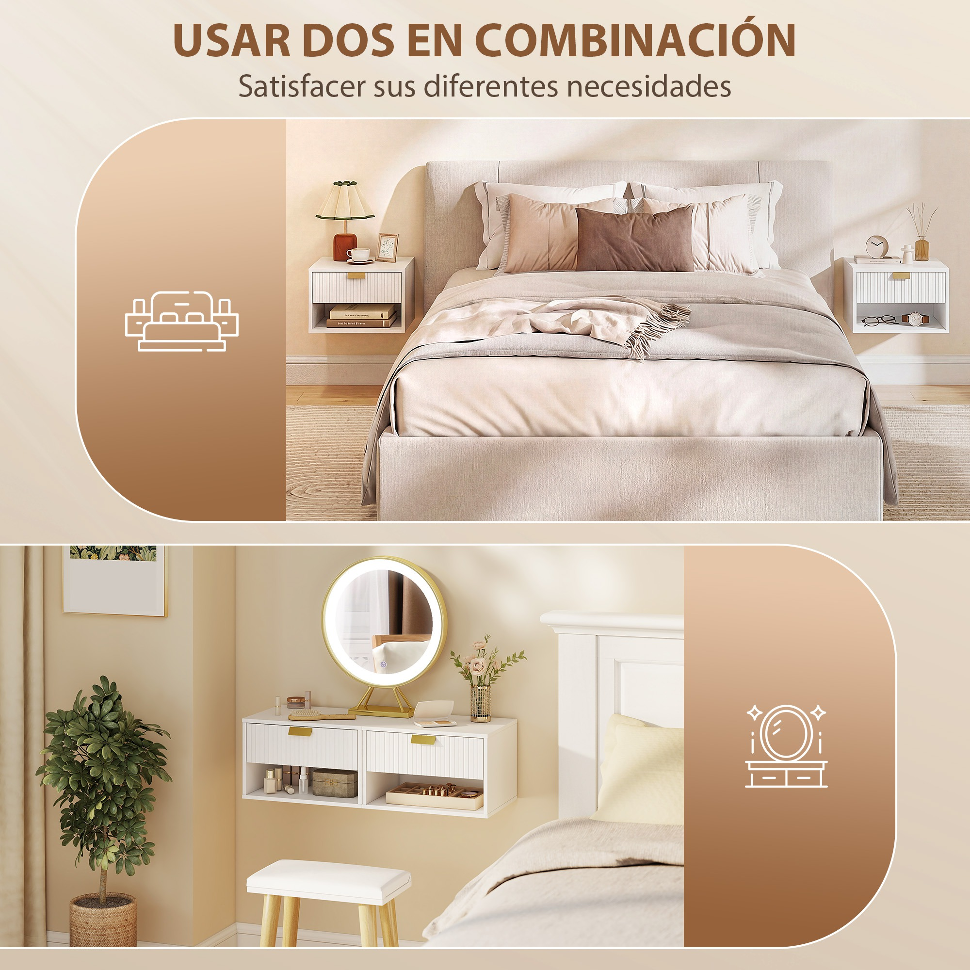 Un dormitorio con cama y mesita de noche, al lado un tocador con espejo.