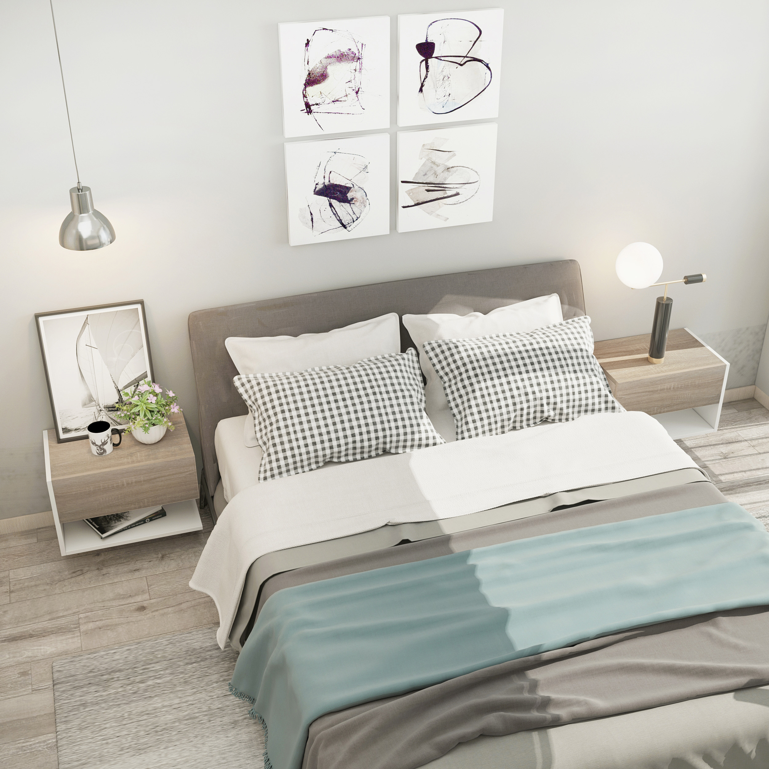 Un dormitorio moderno con cama, mesitas de noche, lámpara y arte en la pared.